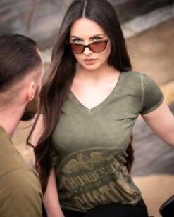 Thunderbike Damen T-Shirt New Custom Strass, Oliv -Thunderbike Verkaufsgeschäft 19 11 1014 5